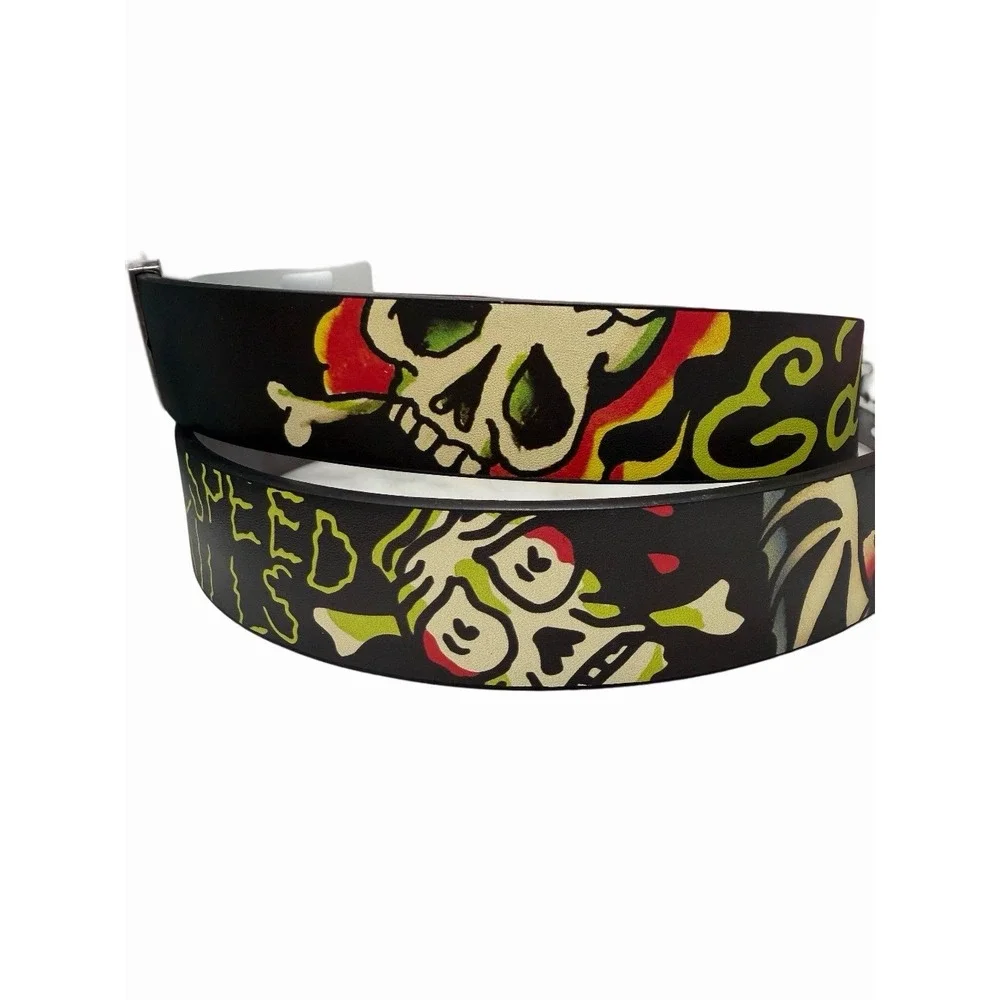 Ed Hardy Mens Reversible Flaming Skull Tattoo Belt Size 38 NWT